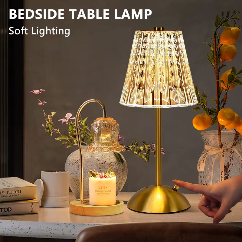 Cordless Table Lamp Dimmable Crystal Table Lamp 3 Colors LED Gold Lamp Portable Lamp Vintage Rechargeable Touch Lamp for Room