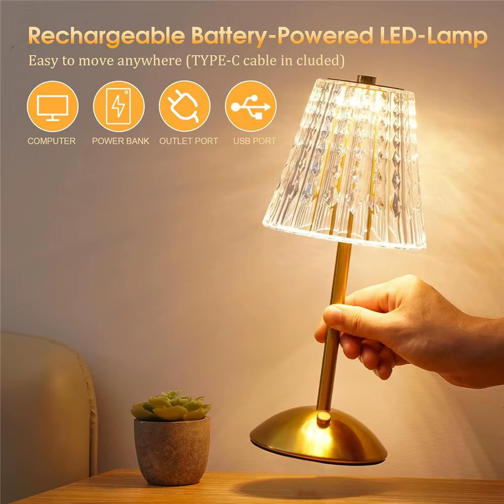 Cordless Table Lamp Dimmable Crystal Table Lamp 3 Colors LED Gold Lamp Portable Lamp Vintage Rechargeable Touch Lamp for Room