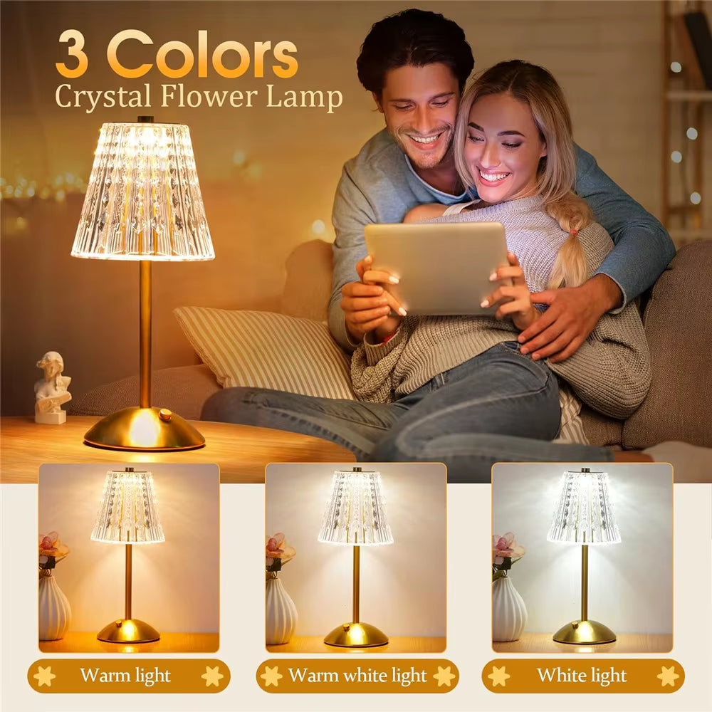 Cordless Table Lamp Dimmable Crystal Table Lamp 3 Colors LED Gold Lamp Portable Lamp Vintage Rechargeable Touch Lamp for Room